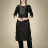 Black Fully Stitched Cotton Magic Slub Kurti Pant Dupatta Design No 1117