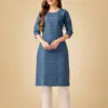 Denim Blue Fully Stitched Cotton Magic Slub Kurti Pant Design No 1062