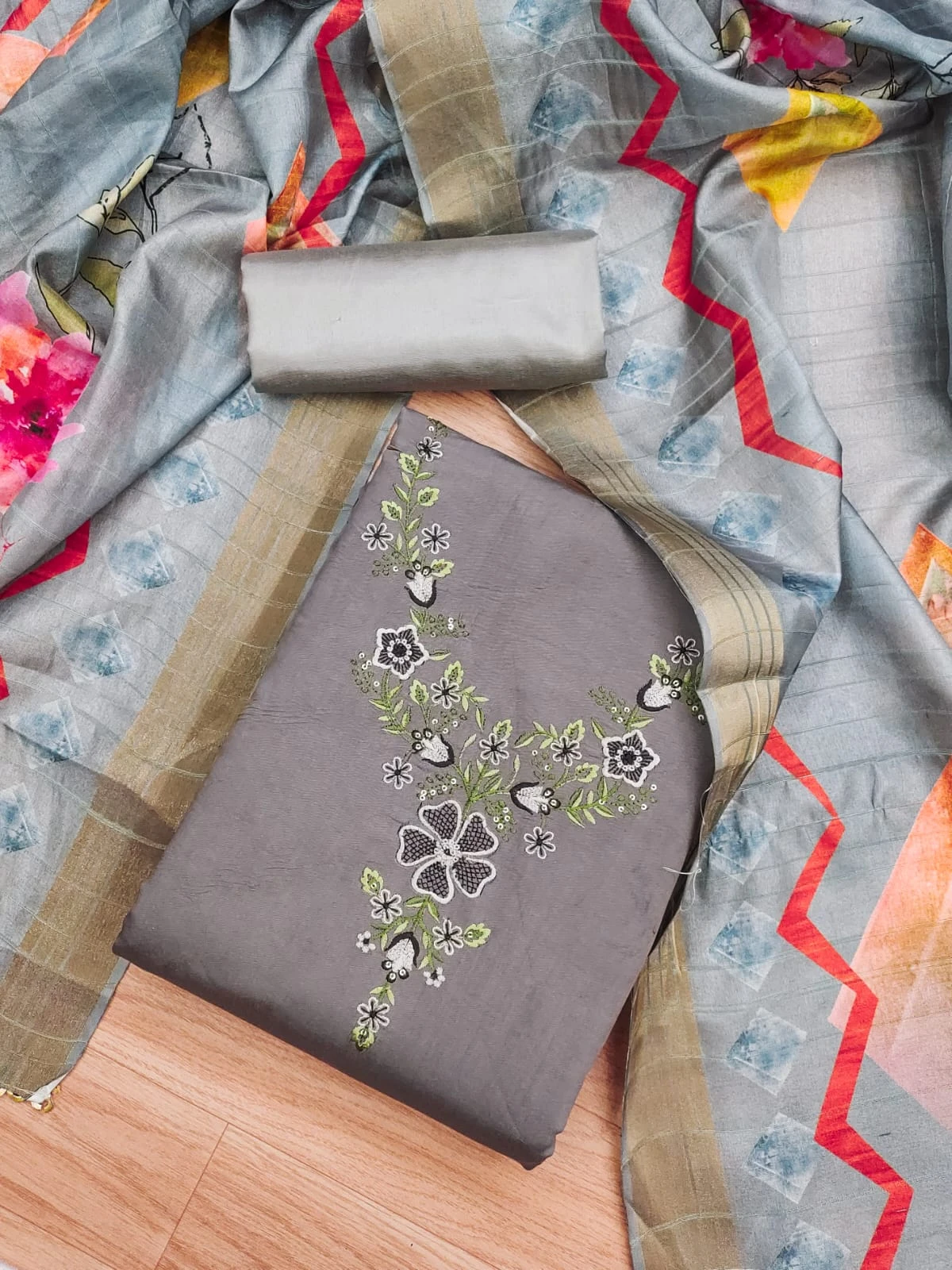 Gray Premium Roman Silk With Embroidery Work And Banarasi Jacquard Digital Print Dupatta Dress Material