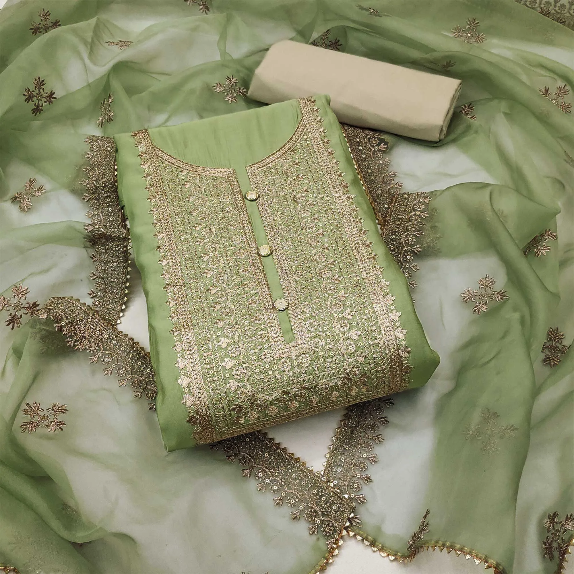 Green Floral Embroidered Cotton Silk Dress Material