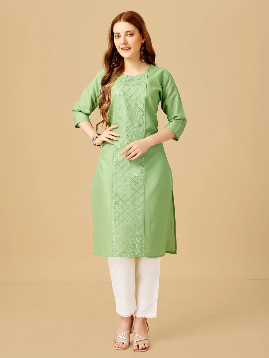 Lime Fully Stitched Cotton Magic Slub Kurti Pant Design No 1051