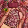 Maroon Premium Cotton Foil Print With Embroidered Work And Chinnon Dupatta Dress Material