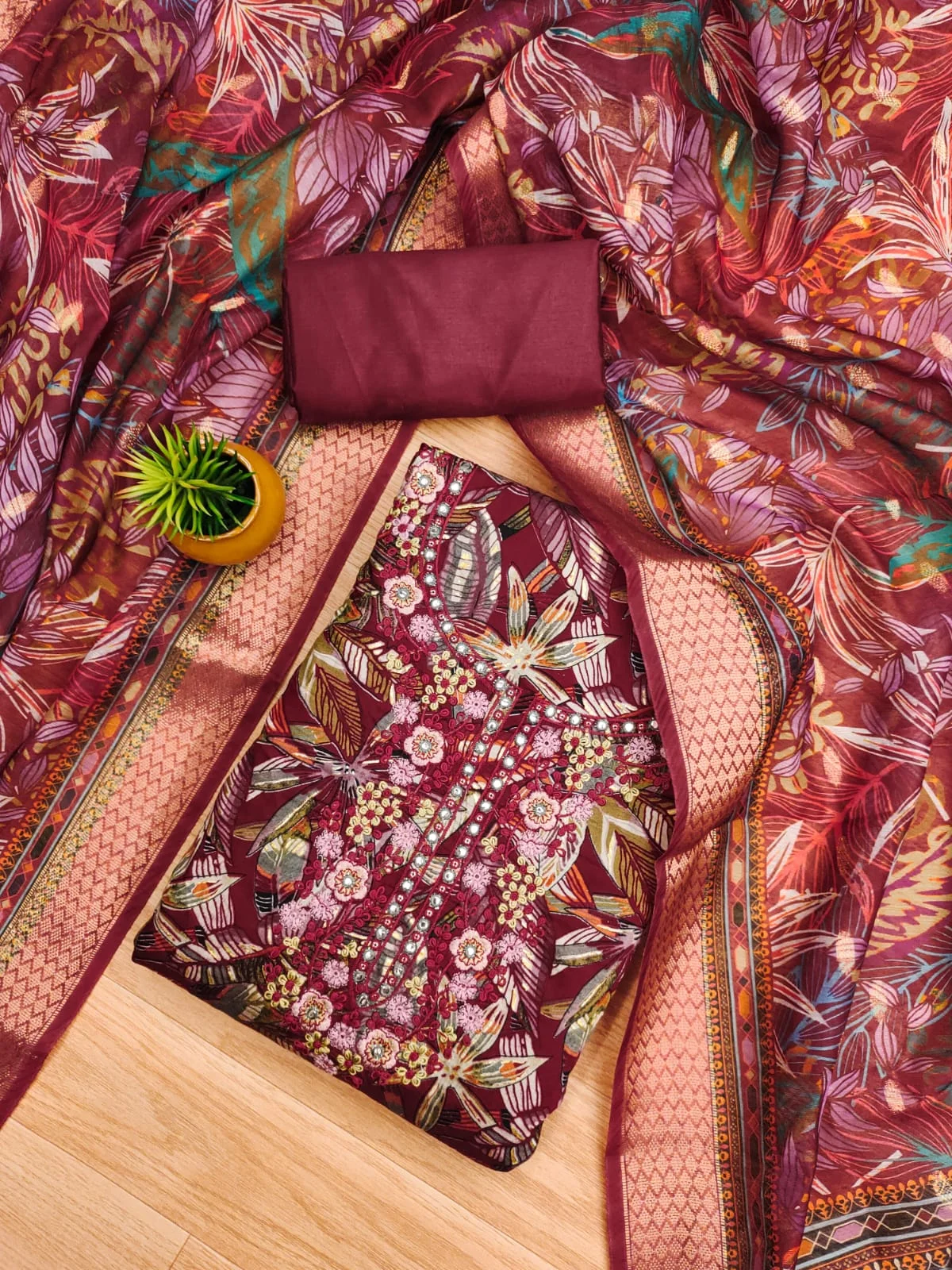 Maroon Premium Cotton Foil Print With Embroidered Work And Chinnon Dupatta Dress Material