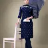 Navy Blue Fully Stitched Cotton Blend Kurti Pant Dupatta Design No 1113