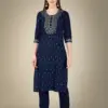 Navy Blue Fully Stitched Cotton Magic Slub Kurti Pant Dupatta Design No 1117