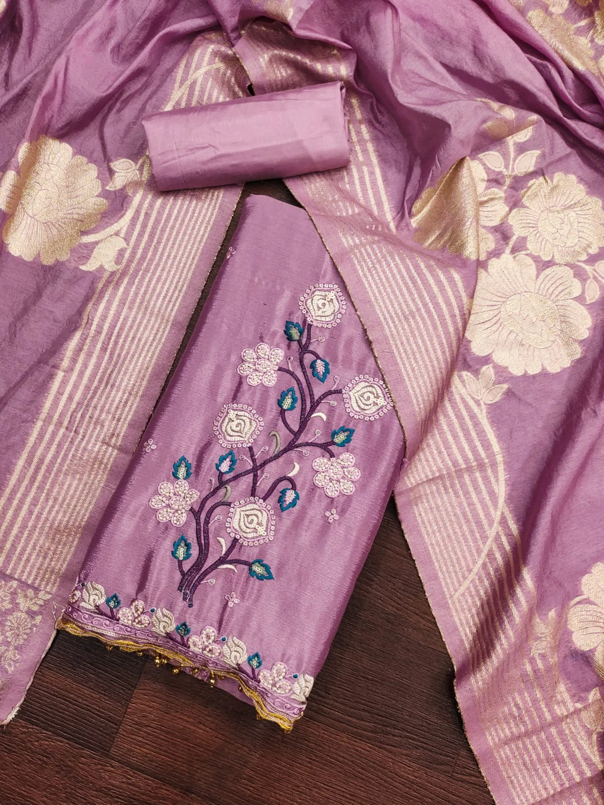 Orchid Chinon Silk With Fancy Jacquard Dupatta Dress Material