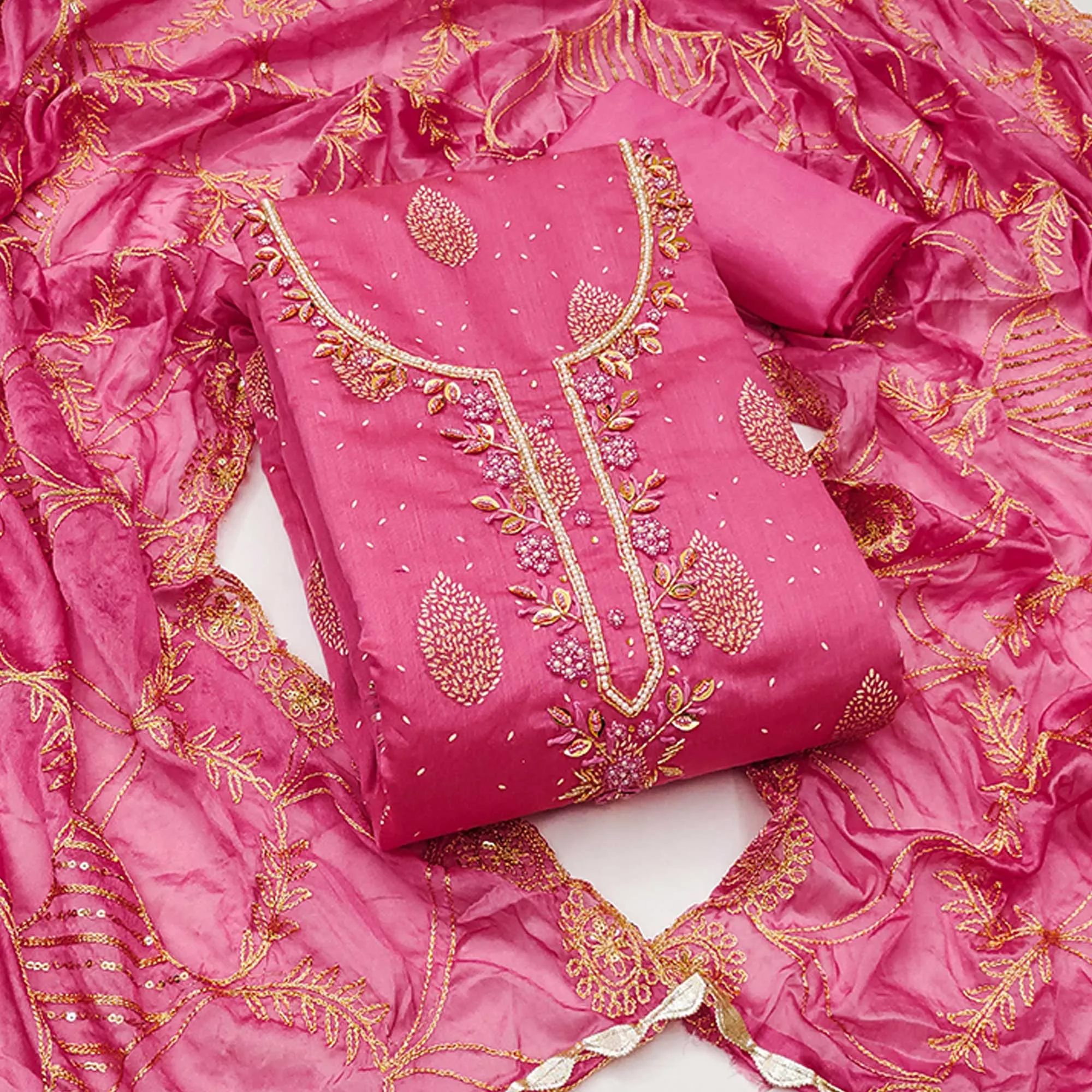 Pink Printed With Hand Embroidered Chanderi Silk Dress Material