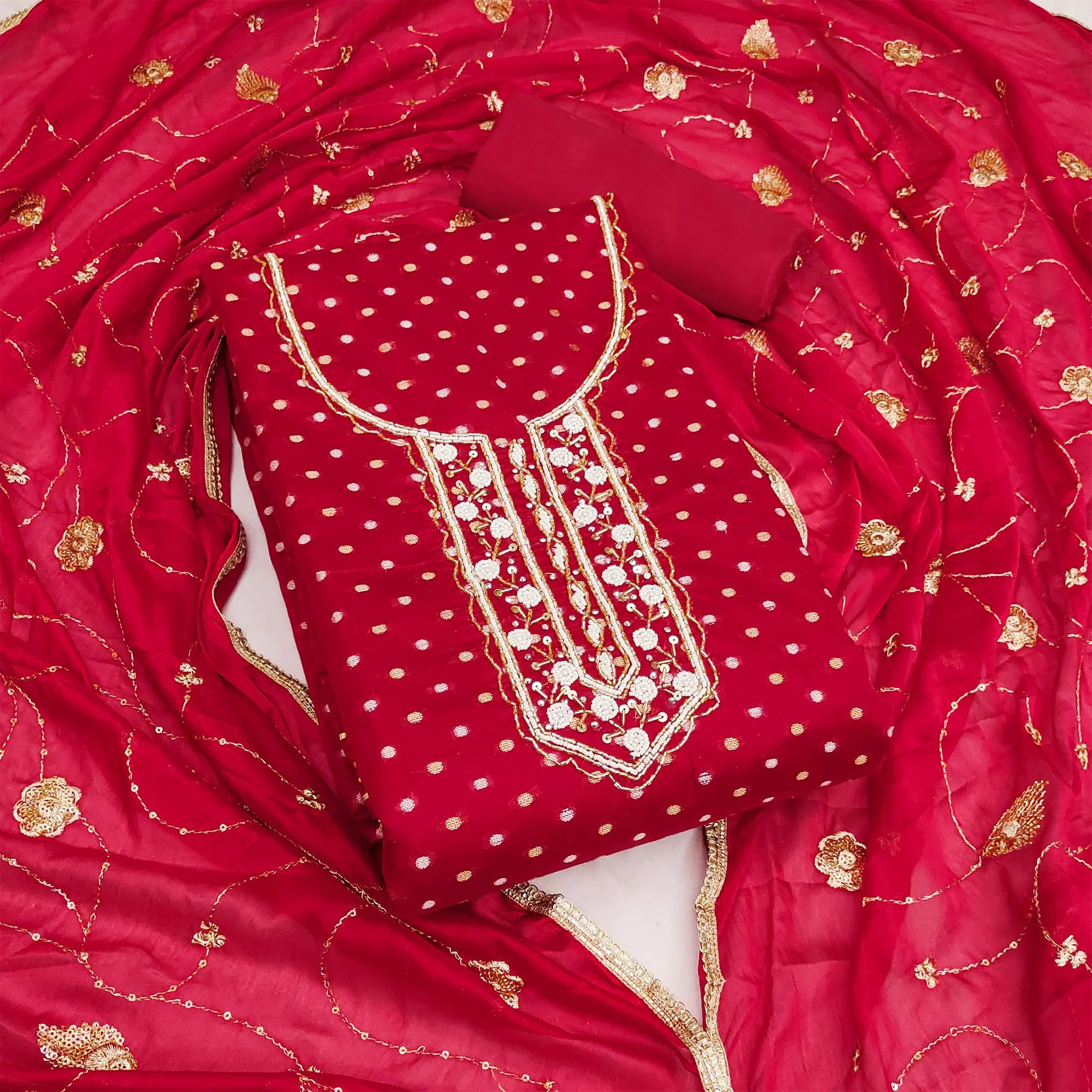 Red Woven With Hand Embroidery Chanderi Dress Material