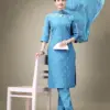 Sky Blue Fully Stitched Cotton Blend Kurti Pant Dupatta Design No 1113