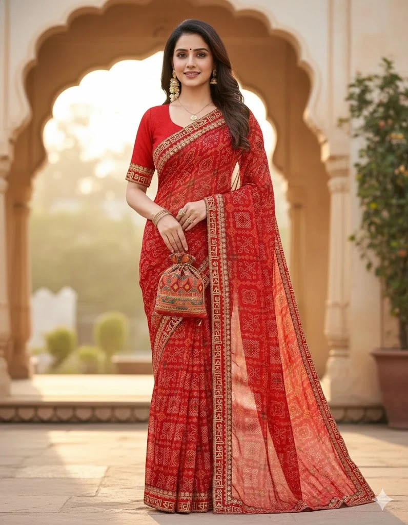 Karwachauth Georgette Bandhani Printed Fancy Saree Collection