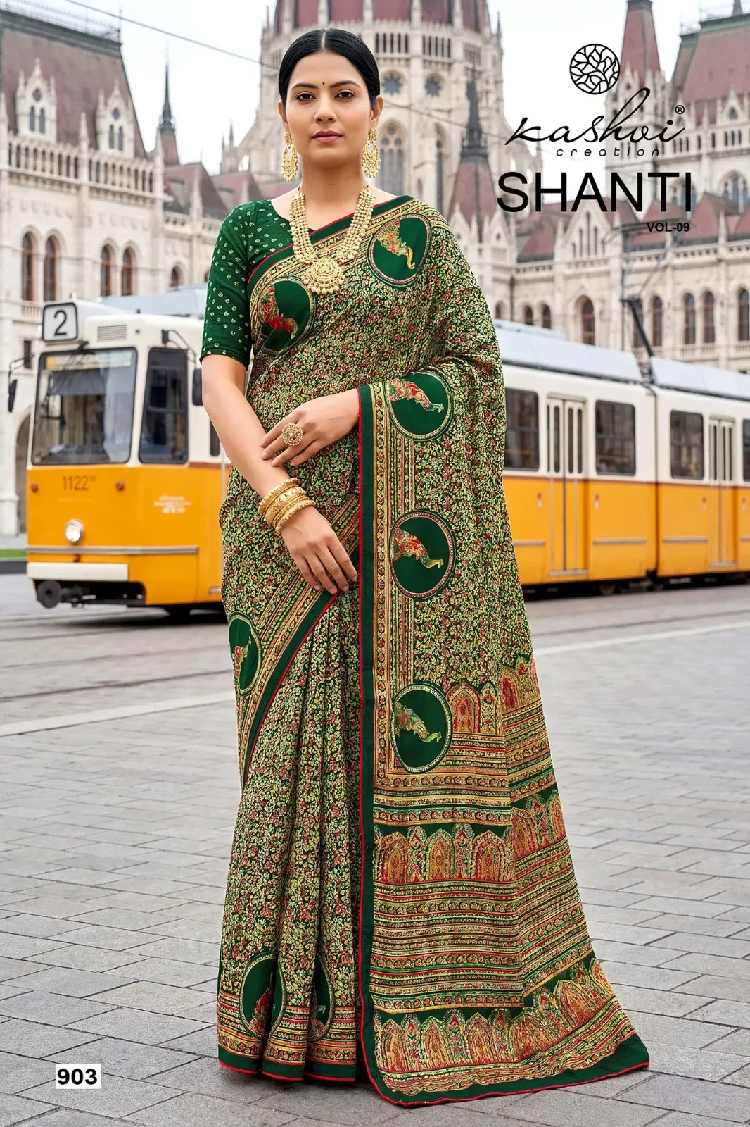 Kashvi Shanti Vol 9 Bright Moss Foil Printed Fancy Saree Collection - Image 8