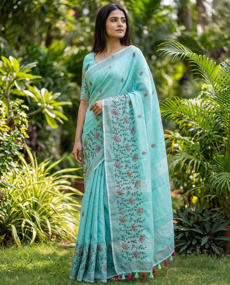 Mahek 211 Linen Cotton Festival Wear Embroidery Saree Collection