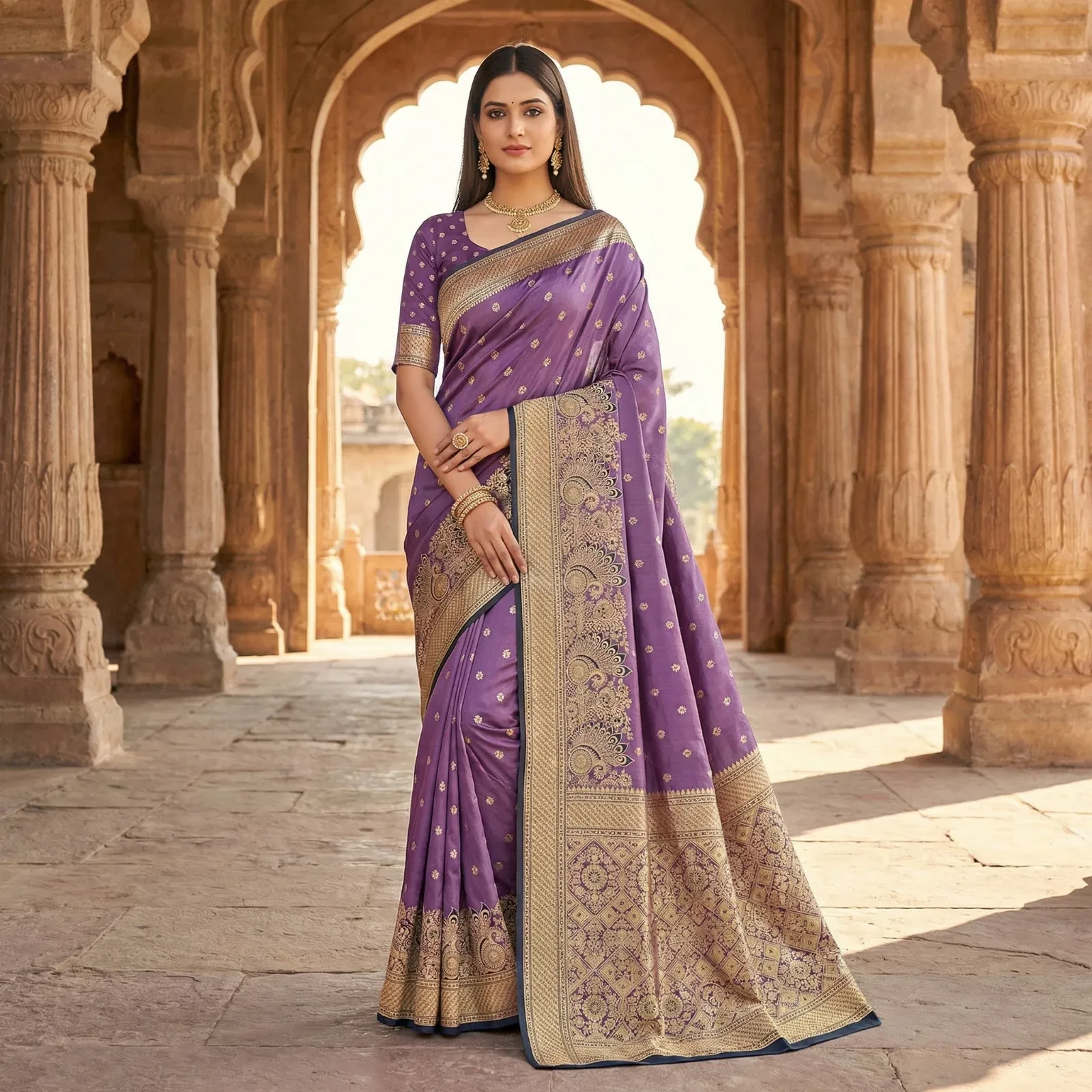 Mb 12 Satin Golden Butta Motifs Festival Saree Collection - Image 2
