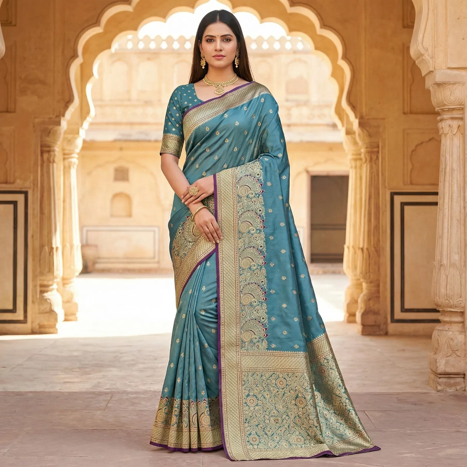 Mb 12 Satin Golden Butta Motifs Festival Saree Collection - Image 3