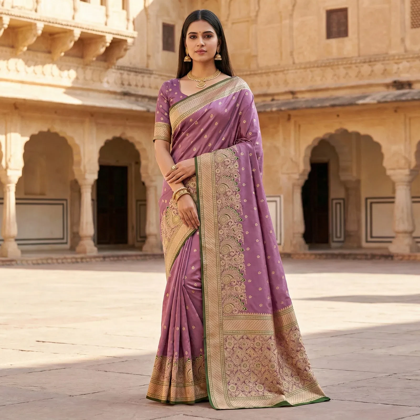 Mb 12 Satin Golden Butta Motifs Festival Saree Collection - Image 4