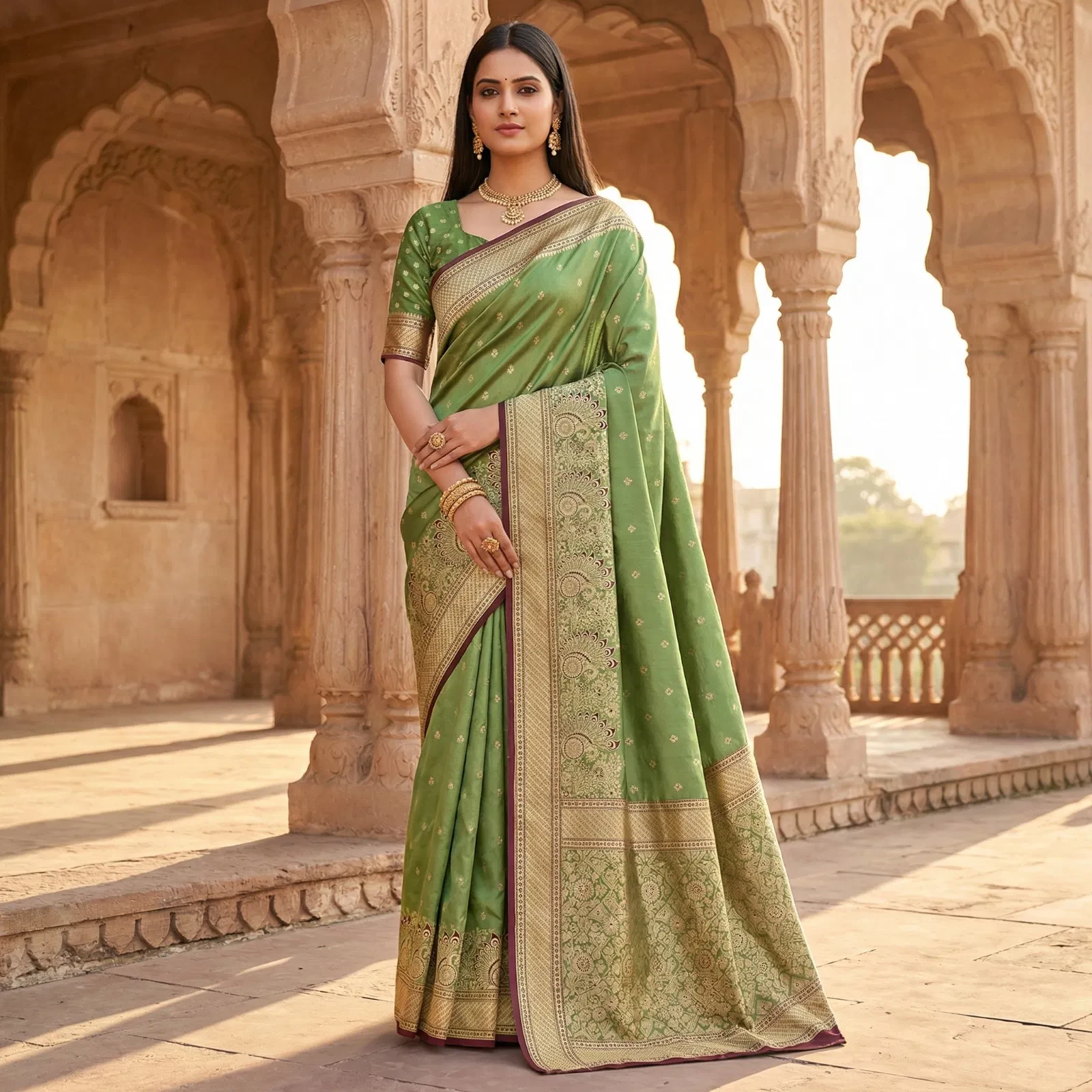 Mb 12 Satin Golden Butta Motifs Festival Saree Collection - Image 5