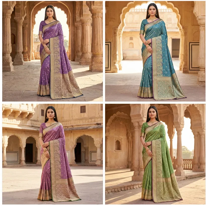 Mb 12 Satin Golden Butta Motifs Festival Saree Collection - Image 6