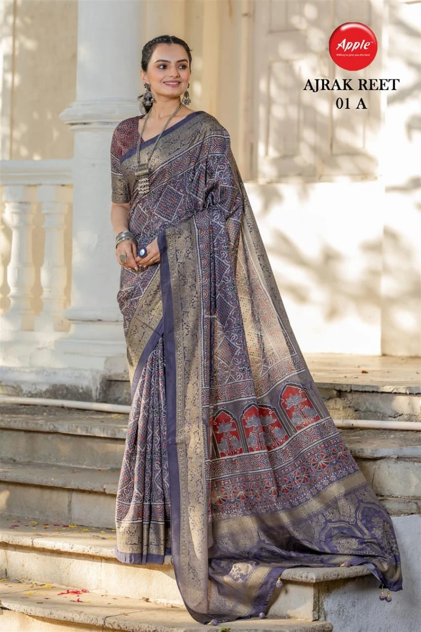 Apple Ajrak Reet Viscose Silk Lavender Printed Saree Collection - Image 2