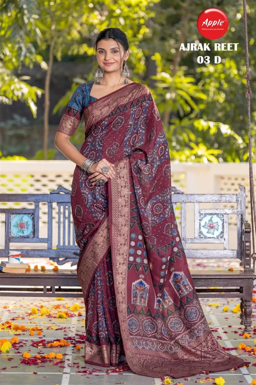 Apple Ajrak Reet Viscose Silk Lavender Printed Saree Collection - Image 5