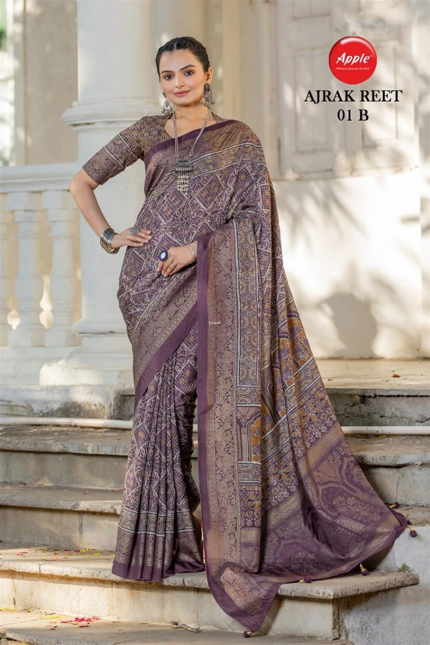 Apple Ajrak Reet Viscose Silk Lavender Printed Saree Collection - Image 6