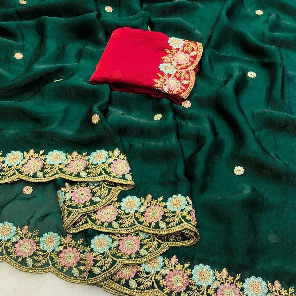 Flower Jhalak Ah Fendy Satin Embroidery Worked Saree Collection