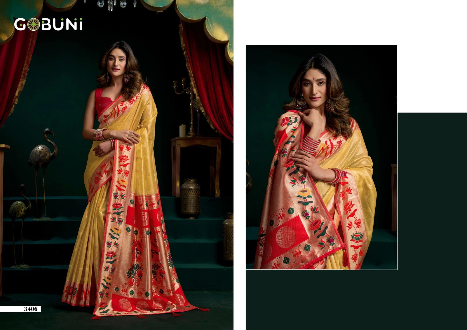 Gobuni Seerat Tissue Paithani with Lotus Zari Border Saree Collection - Image 11
