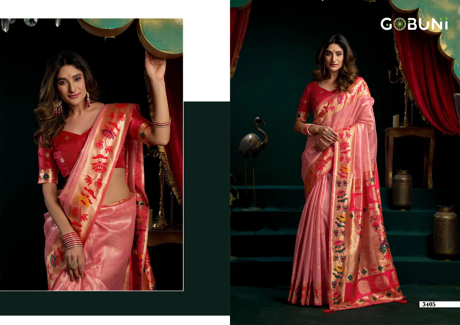 Gobuni Seerat Tissue Paithani with Lotus Zari Border Saree Collection - Image 13