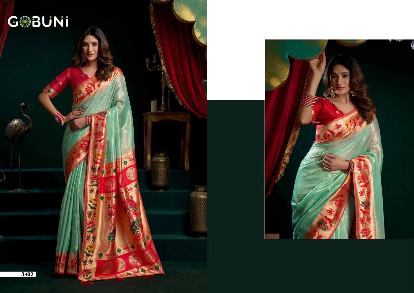 Gobuni Seerat Tissue Paithani with Lotus Zari Border Saree Collection - Image 2