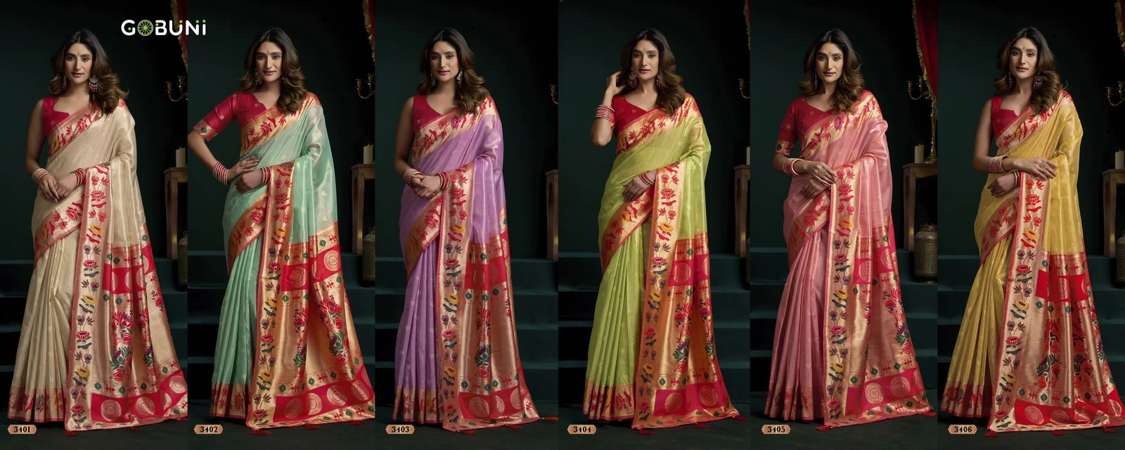 Gobuni Seerat Tissue Paithani with Lotus Zari Border Saree Collection - Image 7