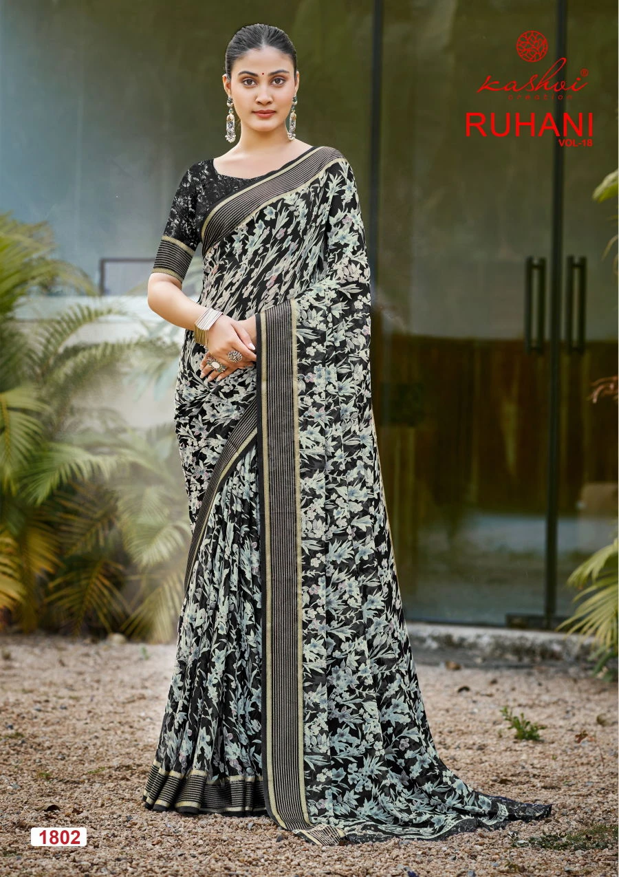 Kashvi Ruhani Vol 18 Dull Moss Satin Patta Saree Collection - Image 3
