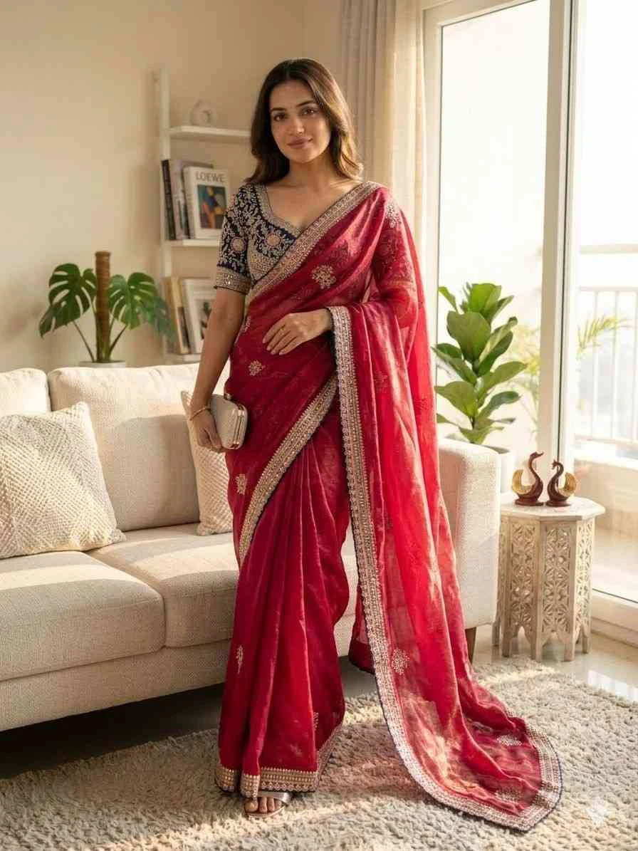 Kc 2109 Soft Frendy Satin Embroidery Worked Premium Saree Collection