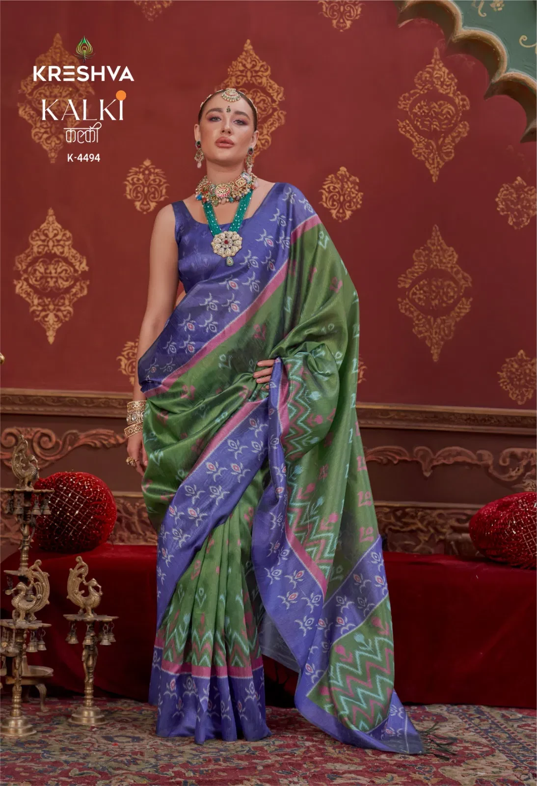 Kreshva Kalki Silk Ikkat Design with Hand Marmo Finish Saree Collection
