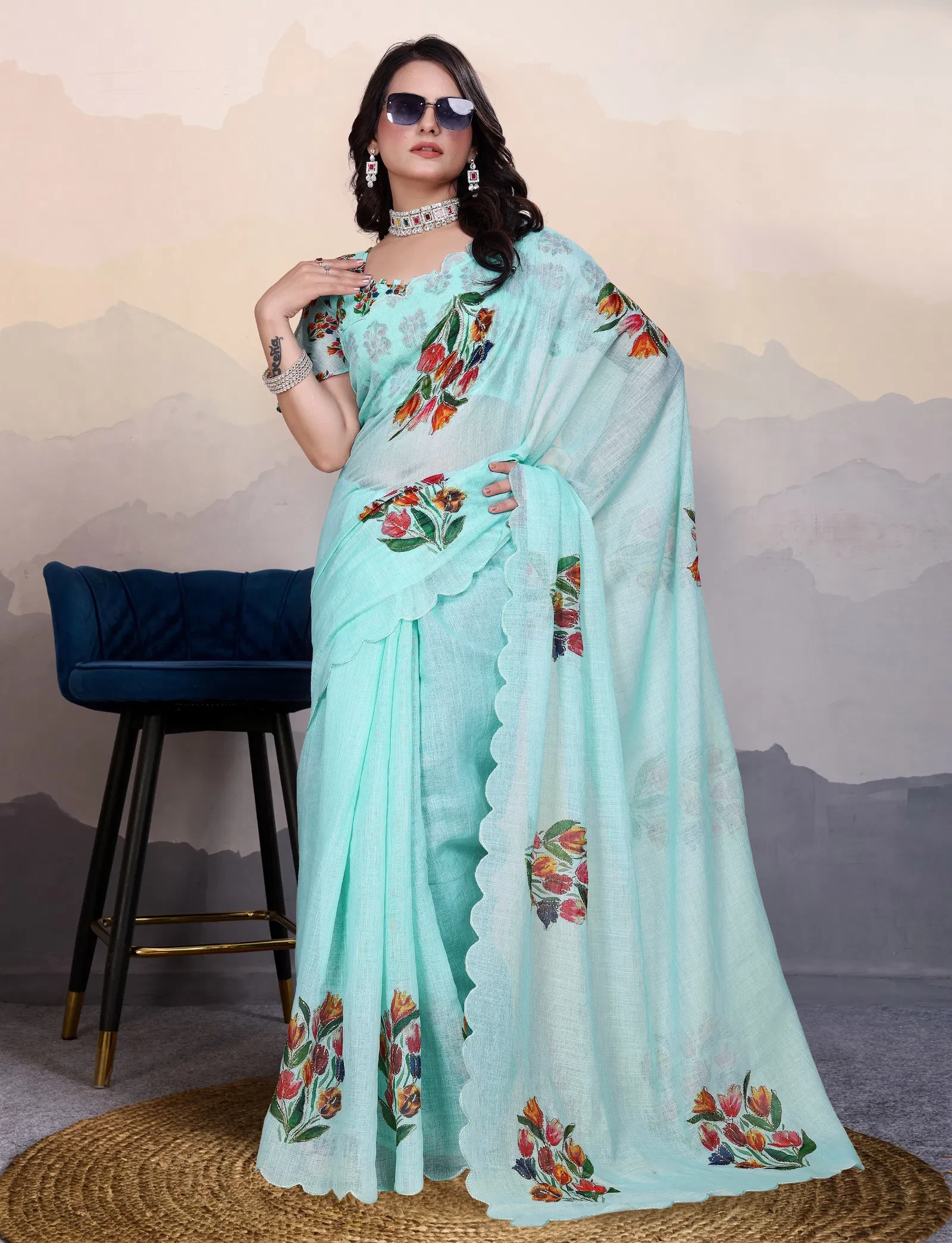 Pari Cotton Linen Aari Worked Digital Printed Saree Collection - Image 14