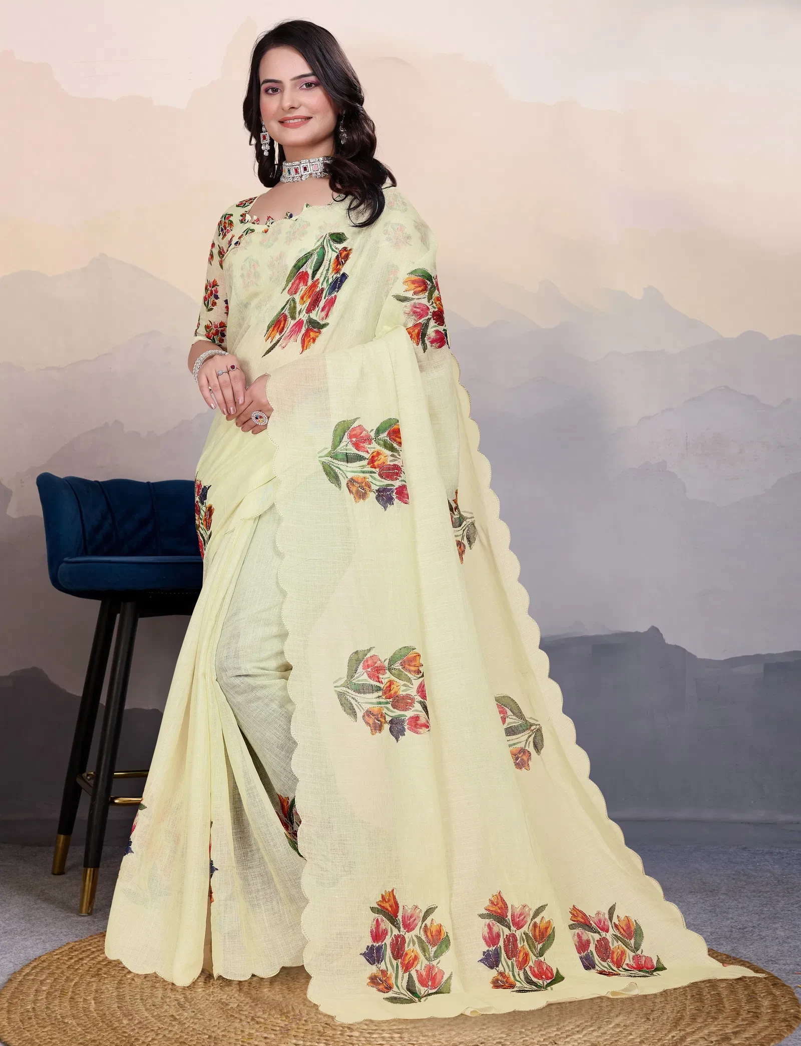 Pari Cotton Linen Aari Worked Digital Printed Saree Collection - Image 9