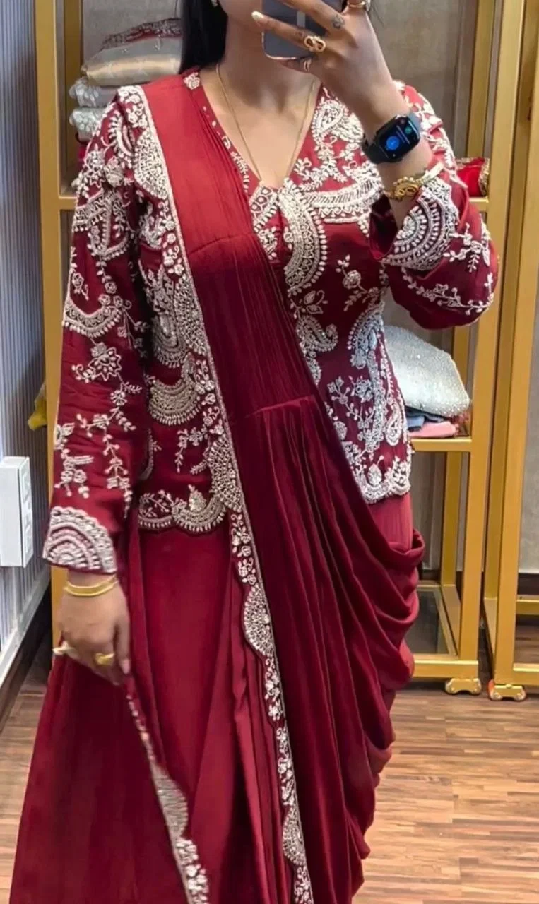 Bt 7152 Chinon Embroidery Sequence Worked Koti with Ready to Wear Saree