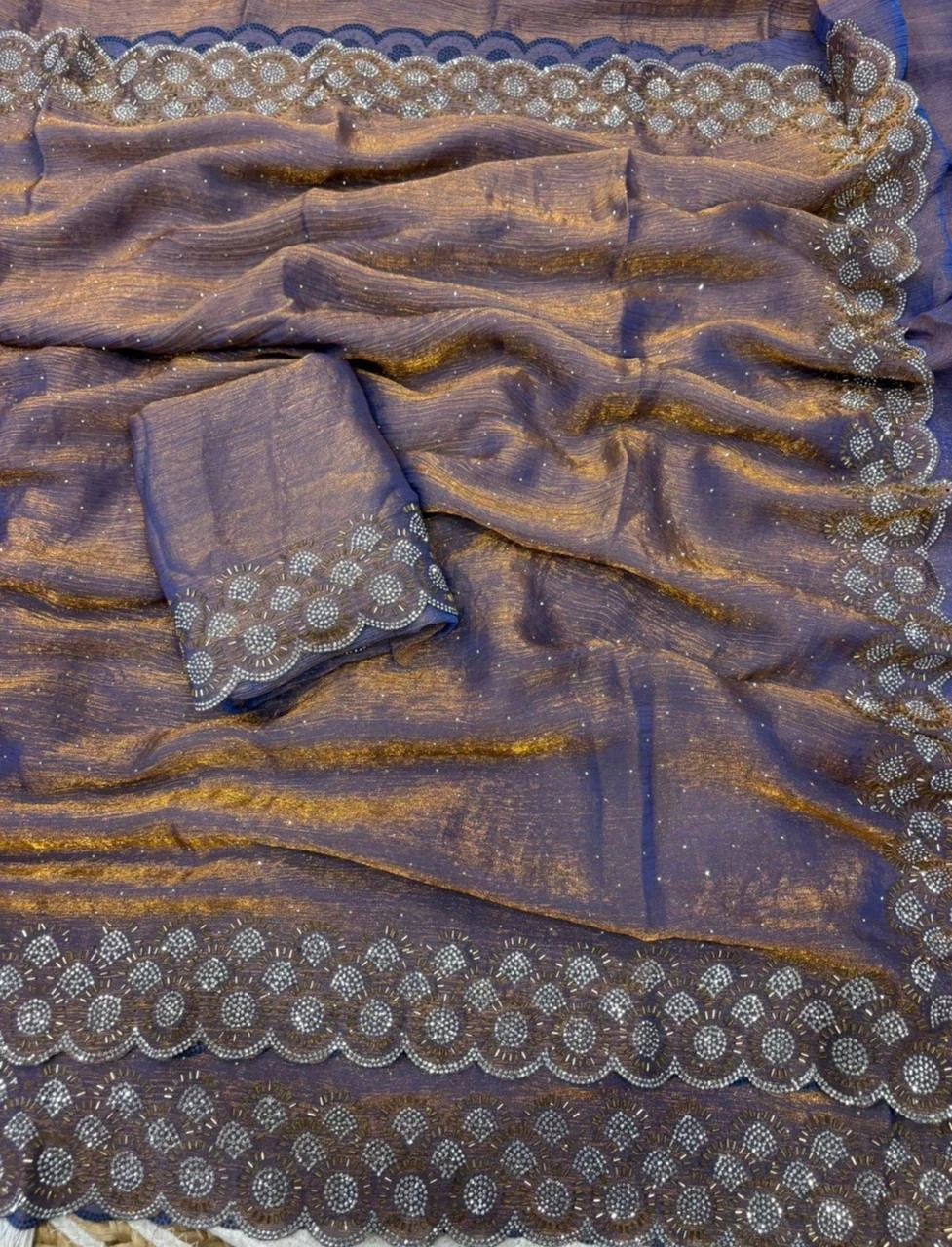 Khushi Saree Mg Chiffon Silk Jarkan Worked Saree Collection